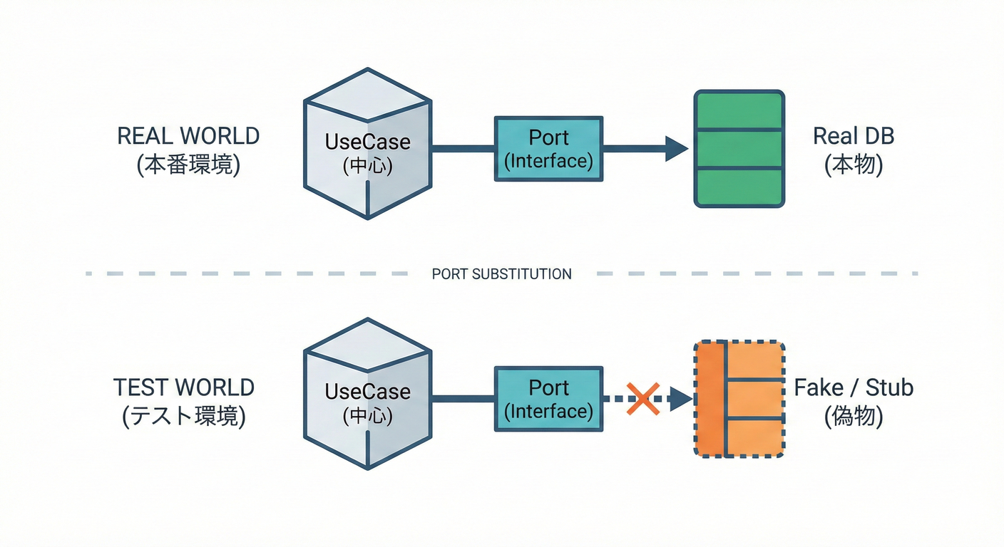 UseCase testing with Port stubbing (Fake/Stub/Spy)