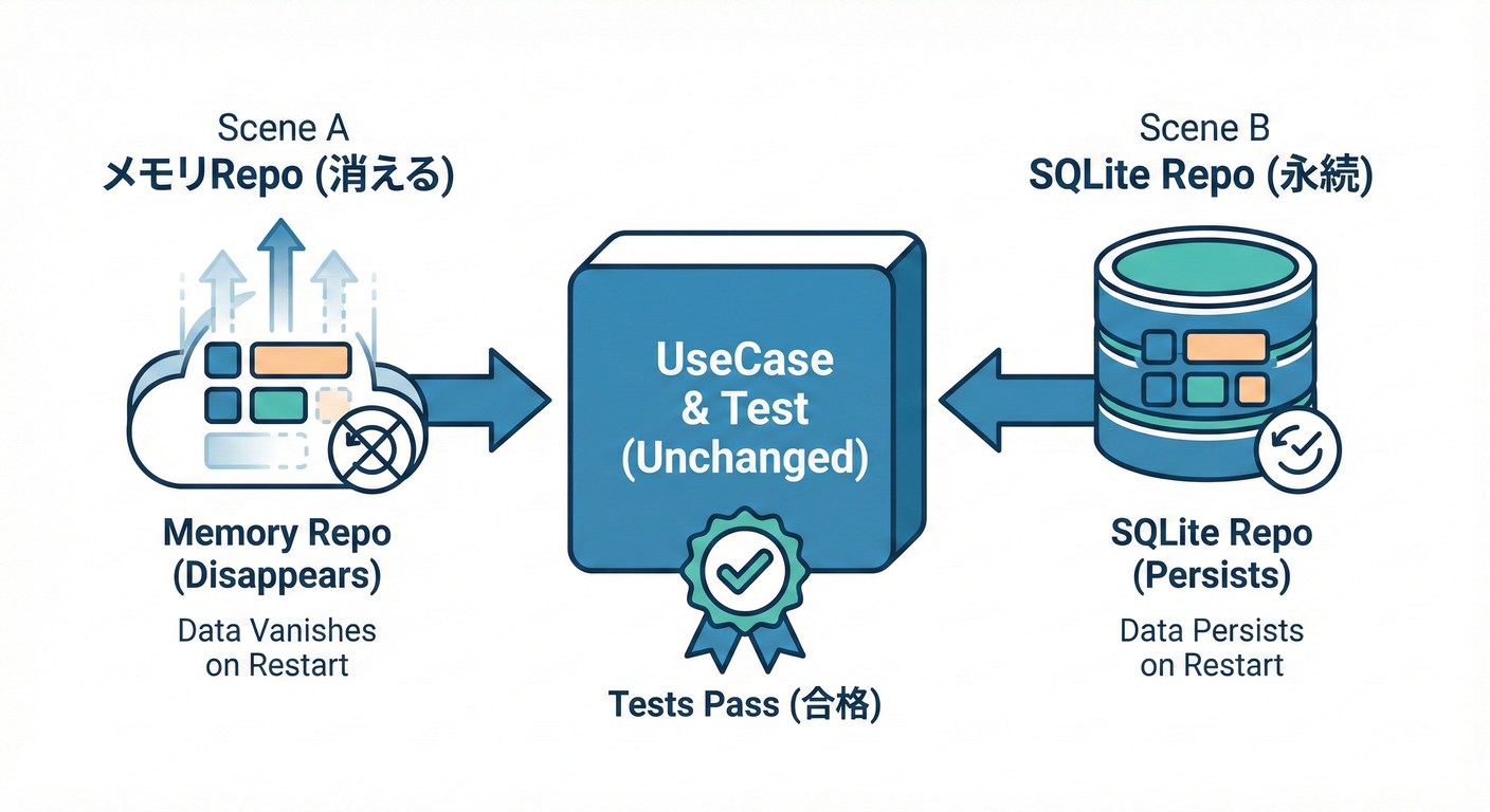 Repository swap demonstration (Memory vs SQLite)