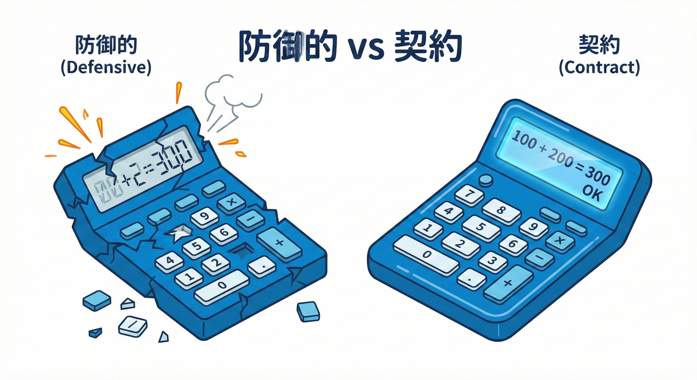電卓の比較：防御的 vs 契約