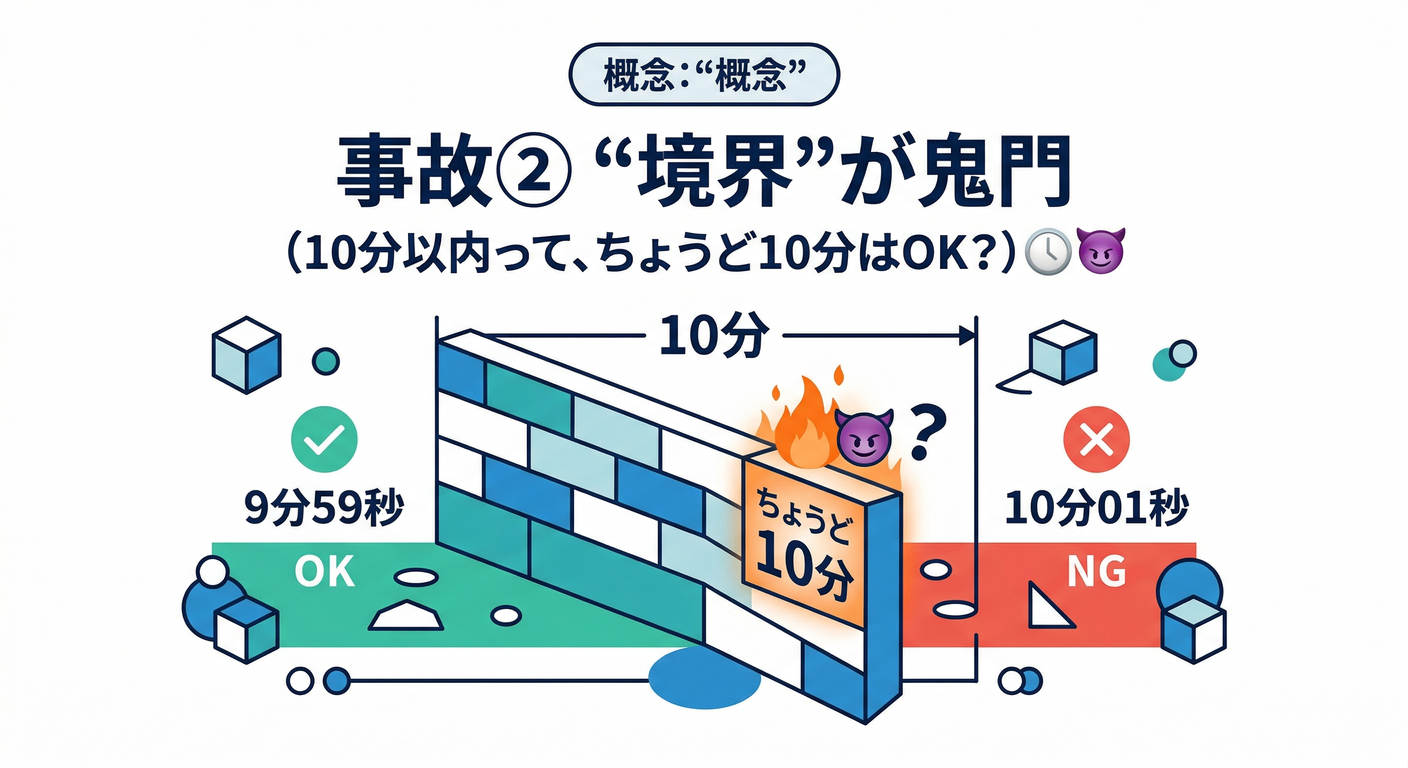 事故② “境界”が鬼門(10分以内って、ちょうど10分はOK?)⏱️😈