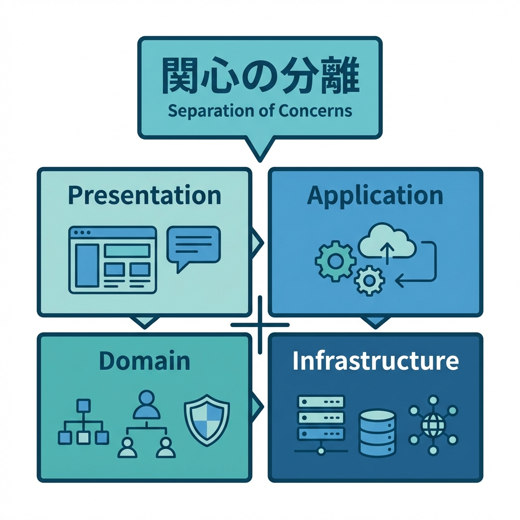 Presentation / Application / Domain / Infrastructure の4つの箱