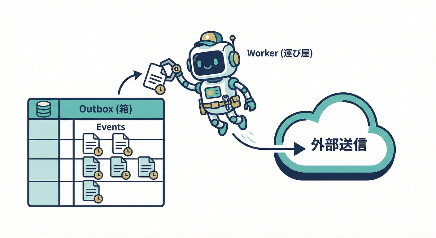 Outbox のワーカーが定期的にテーブルから拾って配信する