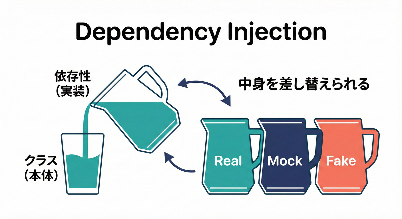 DI(依存性の注入):外から中身を注ぐことで、部品の交換を容易にする