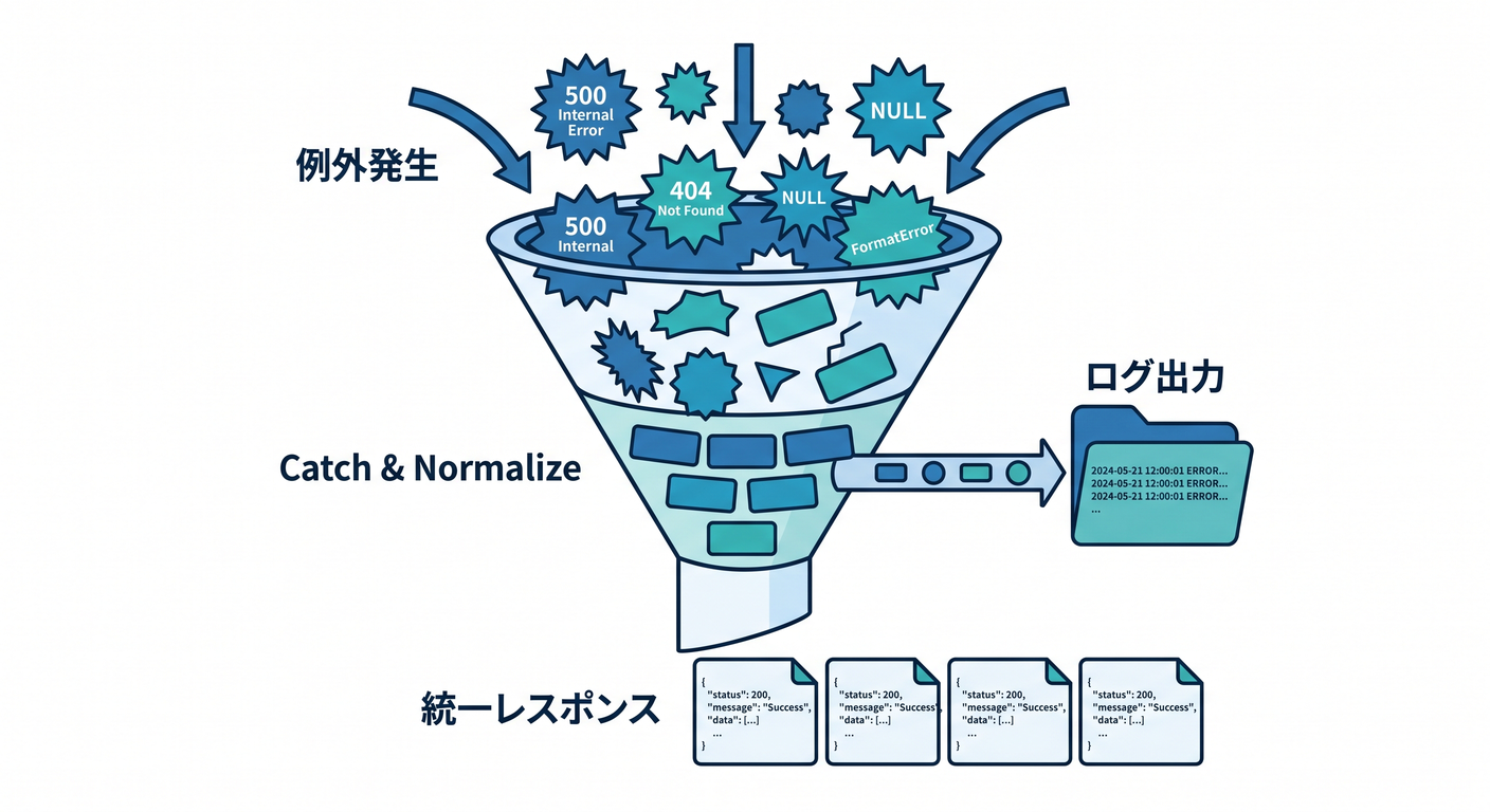 render事故は Error Boundary[(./picture/err_model_ts_study_008_boundary_vs_trycatch.png)
import React from "react";
type Props = { children: React.ReactNode };
export class AppErrorBoundary extends React.Component<Props, { hasError: boolean }> {
state = { hasError: false };
static getDerivedStateFromError() {
return { hasError: true };
}
componentDidCatch(error: unknown) {
// ここでログ送信とか(詳細は後章で✨)
console.error("UI render error:", error);
}
render() {
if (this.state.hasError) {
return (
<div>
<h2>ごめんね…画面の表示で失敗しちゃった🥲</h2>
<p>再読み込みしてもダメなら、少し時間をおいてね⏳</p>
</div>
);
}
return this.props.children;
}
}
✅ 7-2) クリック/送信は try/catch(入口:イベント)🖱️🧯
![クリック/送信は try/catch[(./picture/err_model_ts_study_008_event_firefighter.png)
Error Boundaryはイベント内を拾わないので、ここは自力で守るよ💪(legacy.reactjs.org)
function normalizeUnknown(e: unknown): Error {
if (e instanceof Error) return e;
return new Error("Unknown thrown value", { cause: e });
}
async function onSubmit() {
try {
// await を忘れると捕まらない事故が起きがち⚡
await doSomethingAsync();
} catch (e) {
const err = normalizeUnknown(e);
console.error("submit failed:", err, err.cause);
// ここでトースト表示など(出口:UI)🎀
}
}
ポイント✨
unknown前提で正規化する(useUnknownInCatchVariablesと相性◎)(typescriptlang.org)Error.causeで原因を落とさない(MDNウェブドキュメント)
8) ミニ例:API側の境界(入口:ルート、出口:レスポンス)🌐🚪🎁
![API Boundary Flow