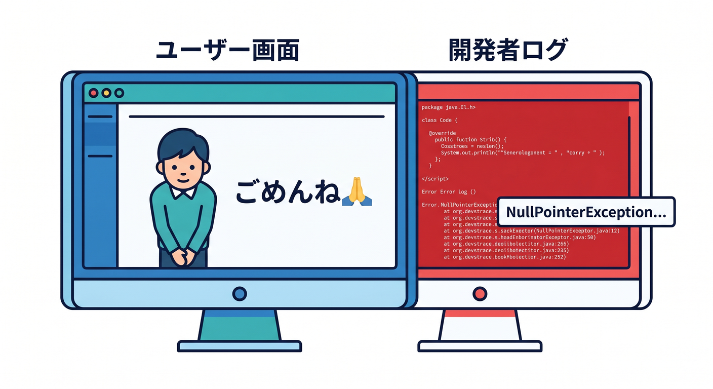 バグは「隠すな、派手に壊せ」[(./picture/err_model_ts_study_012_fail_fast_siren.png)
不変条件違反を見つけたら、基本はこう👇
✅ その場で止める(Fail Fast) ✅ 原因が分かる情報を残す ✅ ユーザーには安全な表示
Fail Fast は、ユーザーに冷たいんじゃなくて、むしろ逆😌💗 「壊れたまま動き続ける」方が、データ破壊・二次被害がヤバいの…😱🧨
4. ユーザー表示と開発者情報を分離しよう🎀🔍
![User View vs Developer View