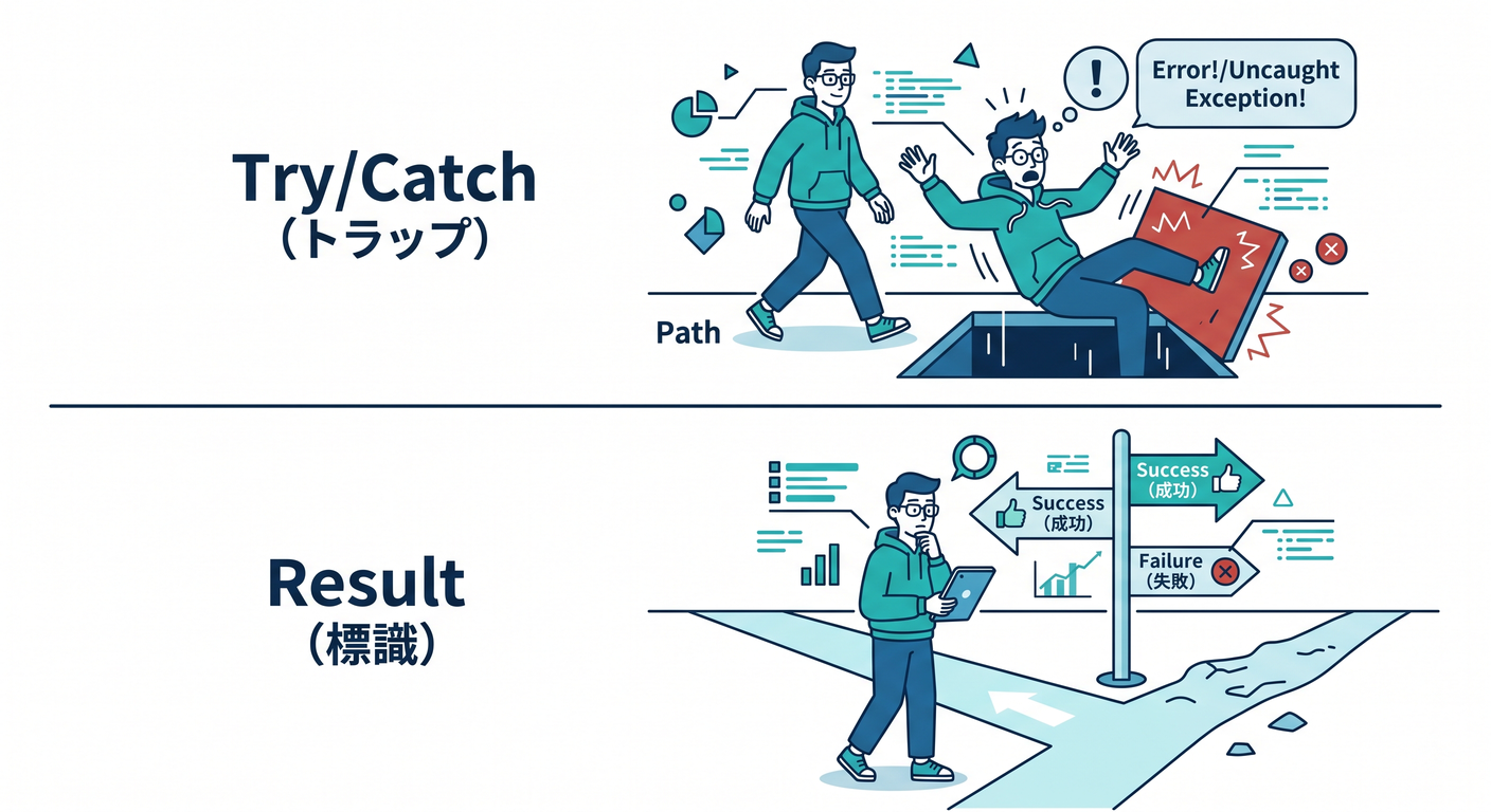 Result型:成功(Ok)と失敗(Err)の箱[(./picture/err_model_ts_study_017_ok_err_boxes.png) throwしないで、
- 成功なら ✅ Ok(値が入ってる)
- 失敗なら ❌ Err(エラー情報が入ってる)
…って返すやつ🎁✨
2) なんでResultにすると嬉しいの?💡✨
![try_catch_vs_result