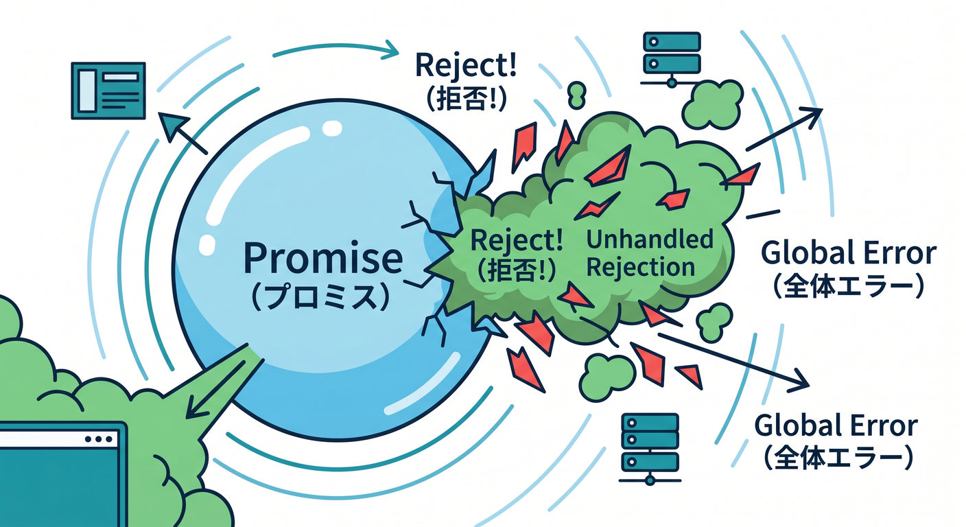 AsyncResult:Promiseで包まれたResult[(./picture/err_model_ts_study_019_promise_wrapper.png)
つまり…
- 成功:Promiseが「成功(resolve)」して、中身が Ok
- 失敗:Promiseが「成功(resolve)」して、中身が Err
- 例外:Promiseが「失敗(reject)」しちゃう(=事故りやすい)😱
ここが超重要ポイントだよ‼️
2. “reject”が増えると何がつらいの?😵💫💥
![reject_explosion