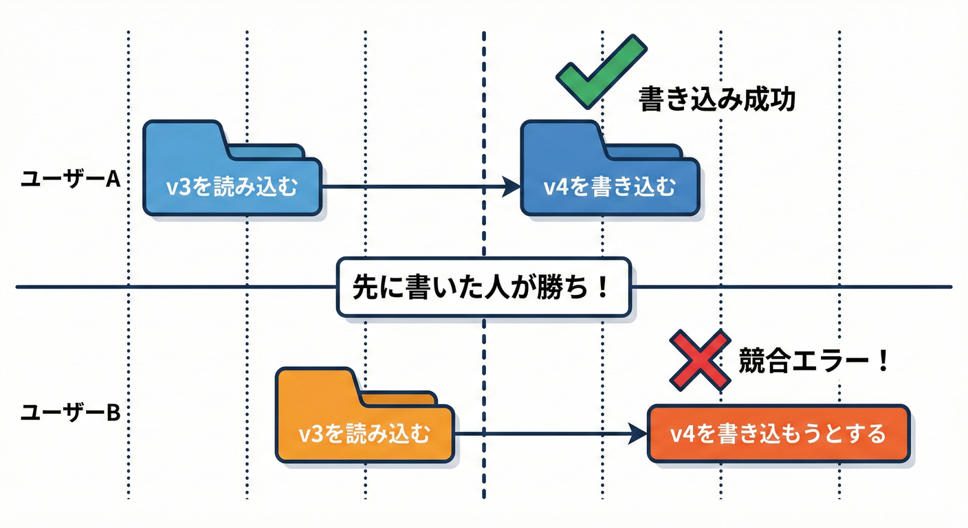 競合のタイムライン：AとBが同時に書き込もうとして一方が負ける