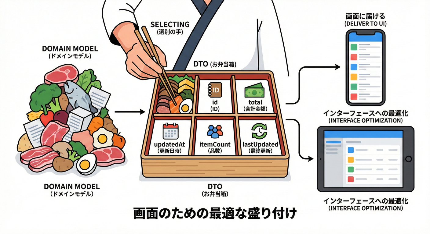 DTO（弁当箱）：必要なものだけ詰めて返すのイメージ