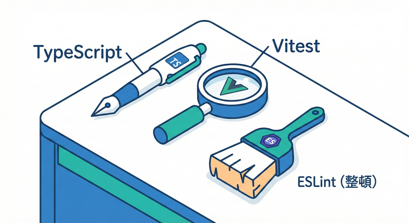 整理された作業机(TS, Vitest, Lint)。