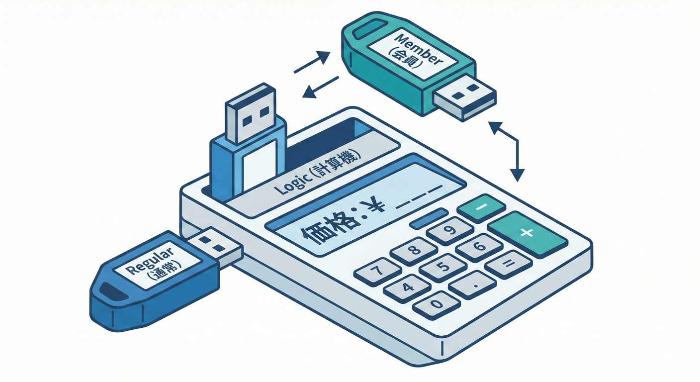 料金計算ロジックをカートリッジのように差し替える様子。