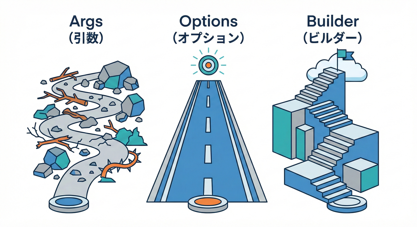 3つの手法(引数、オプション、Builder)の比較。