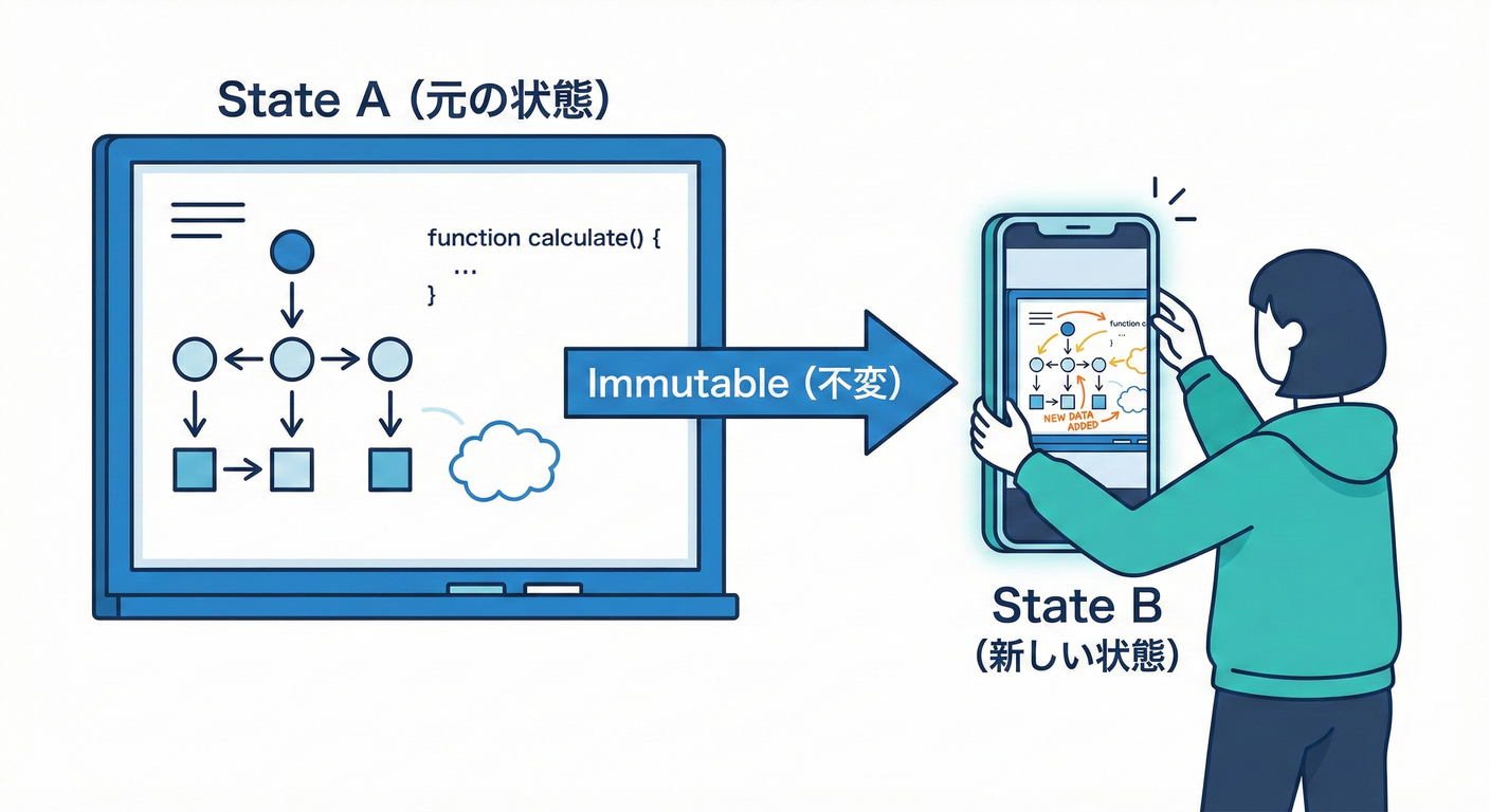 書き換えずに新しいスナップショットを作る（不変）。