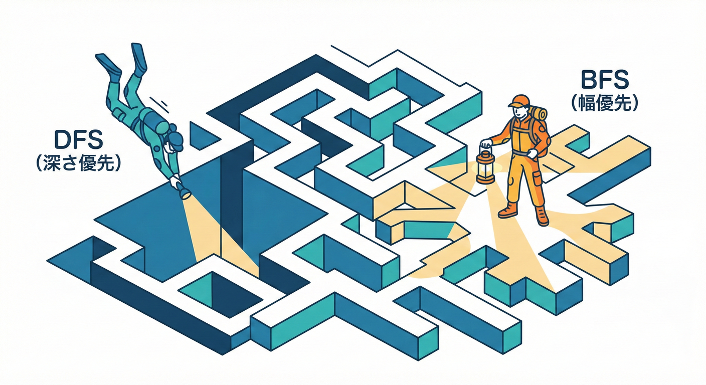 DFS（深さ優先）とBFS（幅優先）の探査イメージ。