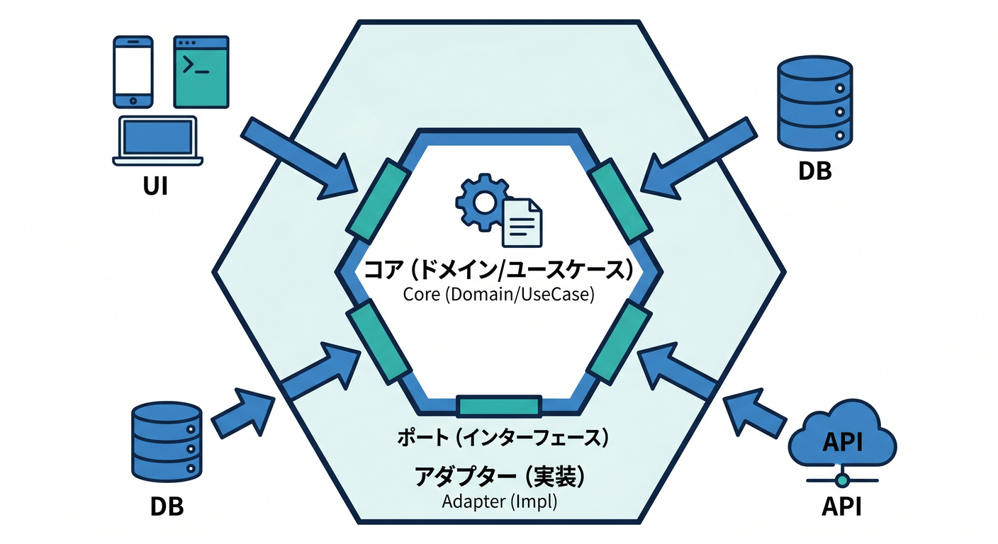 hex_ts_study_003[(./picture/hex_ts_study_003_dependency_rule_inward_only.png)
この章は「ヘキサゴナルって結局、何を守る絵なの?」を1枚の図でスッと理解する回だよ〜😊🌸 ここが腑に落ちると、後の Port / Adapter / テストがぜんぶラクになる✨
3-1. まずは結論:ヘキサゴナルの主役は「中心」🧠❤️
ヘキサゴナル(Ports & Adapters)は、ざっくり言うと
- 中心:アプリのルール(= ドメイン・ユースケース)🧠✨
- 外側:入出力(= 画面・HTTP・DB・外部API・ファイル…)🌐💾📄
を分けて、中心が外側に振り回されないようにする考え方だよ🛡️
Alistair Cockburn(提唱者)は「UIやDBがなくてもアプリが動いてテストできる形にする」と説明してるよ。つまり、中心は外側から独立していようね、ってこと😊🧪✨ (アリステア・コックバーン)
3-2. “1枚絵” の読み方(最短でわかる版)👀✨
![hex_ts_study_003_hexagonal_diagram