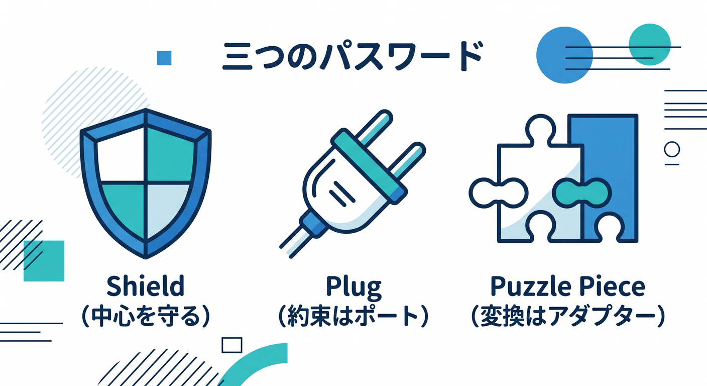 hex_ts_study_004[(./picture/hex_ts_study_004_isolation_of_the_domain.png)
この章はね、細かい図とか理屈より先に、一生モノの3つの合言葉を体に入れる回だよ〜😊💕 この3つさえ覚えておくと、あとでPort/Adapterを作るときに迷子になりにくいの!🧭✨
1) 合言葉その①「中心を守る🛡️」🏰💖
![hex_ts_study_004_three_passwords