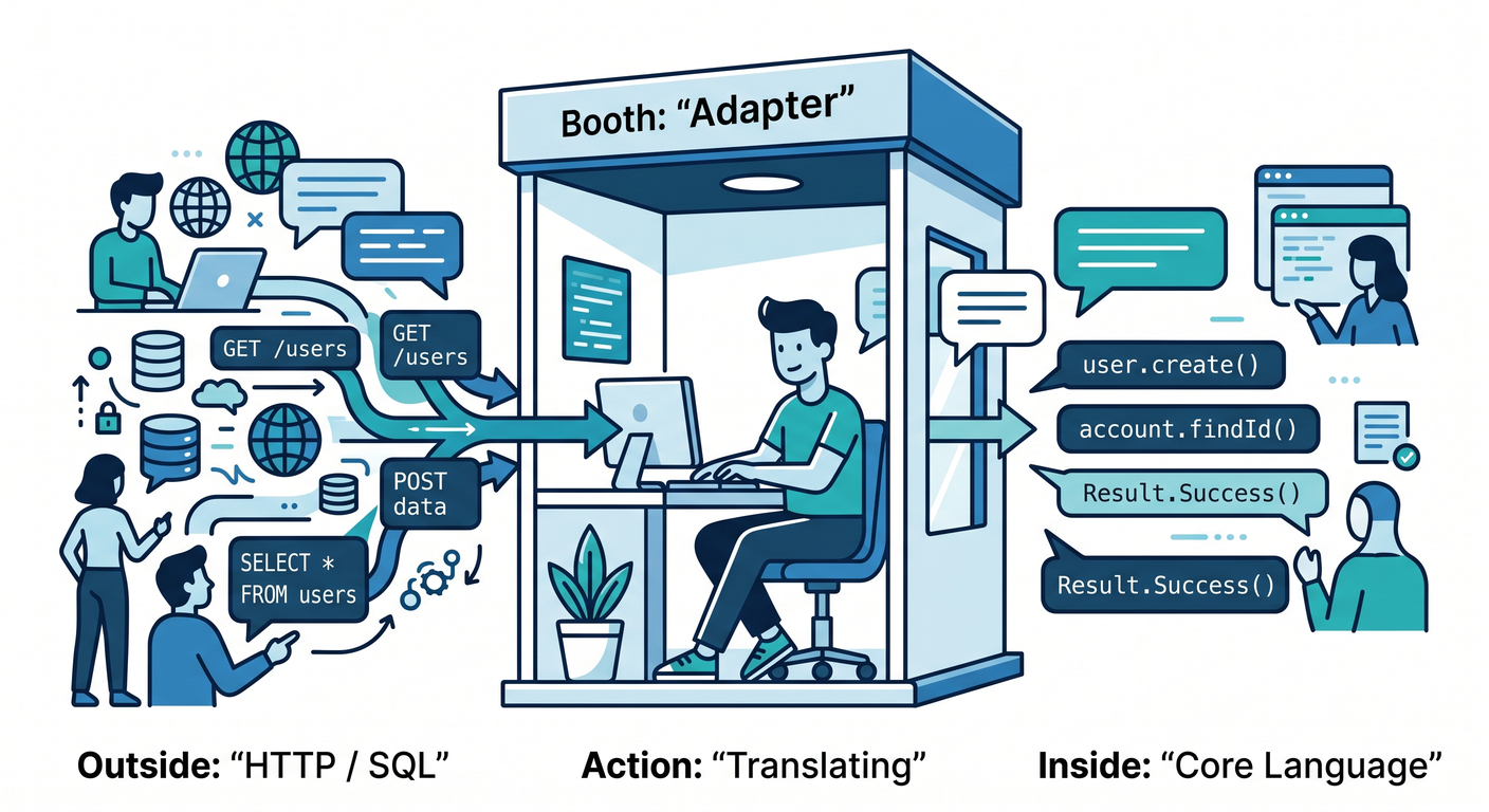 hex_ts_study_006[(./picture/hex_ts_study_006_the_left_side_driving_input.png)
この章のゴール 🎯💖
- 「Adapterって結局なに?」を自分の言葉で説明できるようになる😊
- Adapterがやる仕事(=変換)と、やっちゃダメな仕事(=業務ルール)を見分けられるようになる🛡️
- “薄いAdapter”の感覚がつかめる🥗✨
1) Adapterは「外の世界」と「中心」をつなぐ通訳さん 🧩🗣️
![hex_ts_study_006_translator
