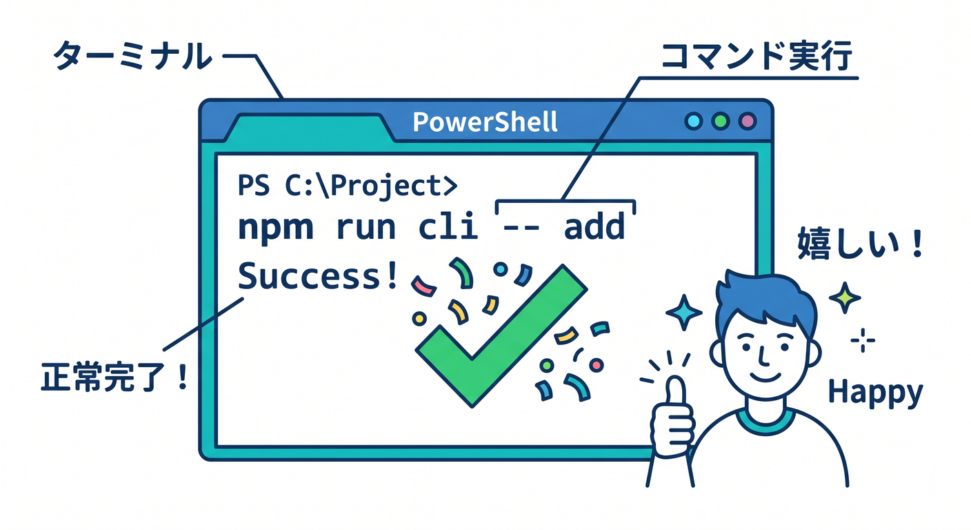 hex_ts_study_024[(./picture/hex_ts_study_024_application_services.png)
この章は「とにかく動く!」を最短で作って、ヘキサゴナルの気持ちよさを体で覚える回だよ〜😊💖 GUIもHTTPもまだいらない!まずは **CLI(コマンド入力)**で、ユースケースを呼び出して成功体験しよ✨
1) 今日の完成イメージ🎯✨
![CLI Success