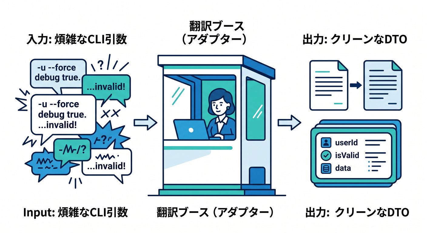 hex_ts_study_025[(./picture/hex_ts_study_025_validation_strategies.png)
前の章(第24章)で「CLIからユースケースを呼べた!🎉」ところまで行ったので、今回は “人間の入力(コマンド)” を “中心が食べられる形(DTO)” に翻訳していくよ〜😊💕
1. 今日のゴール 🎯💖
この章の終わりに、こうなってたら勝ち!✨
- CLIの入力(
process.argv)を 安全にパースできる 🧠🔍 - 文字列だらけの入力を DTOに変換できる 📮✨
- 変換やバリデーションは Adapter側に閉じ込め、中心(UseCase/Domain)を汚さない 🛡️🏰
- 入力ミスのときに ユーザーに優しいエラー表示ができる 😌🫶
2. なぜ「CLI入力→DTO変換」を Adapter に置くの?🧩
![Adapter Translation