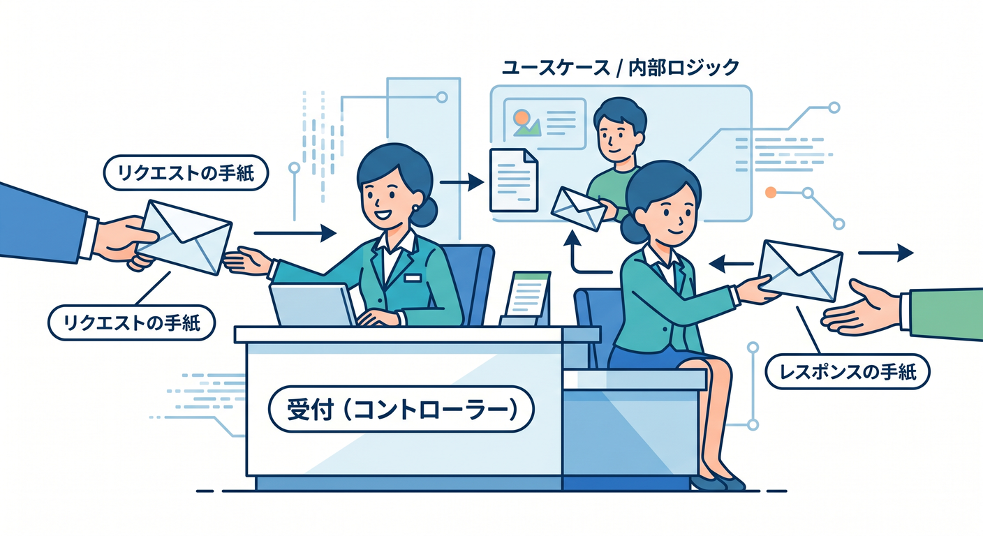 hex_ts_study_029[(./picture/hex_ts_study_029_http_adapter_express.png)
この章は「HTTPの入口を増やす」回だよ😊 CLIで動いてる中心(ユースケース/ドメイン)はそのままに、HTTPを“差し込み口”として追加します💖
1 この章のゴール 🎯✨
できるようになること👇
/todosみたいなURLにアクセスされたら、ユースケースを呼ぶだけにできる🙌- Controllerを薄く保つコツがわかる🥗✨
- 「中心はHTTPを知らない」を体験できる🛡️🔌
2 今回の方針 合言葉はこれ 🗣️✨
![Controller Role