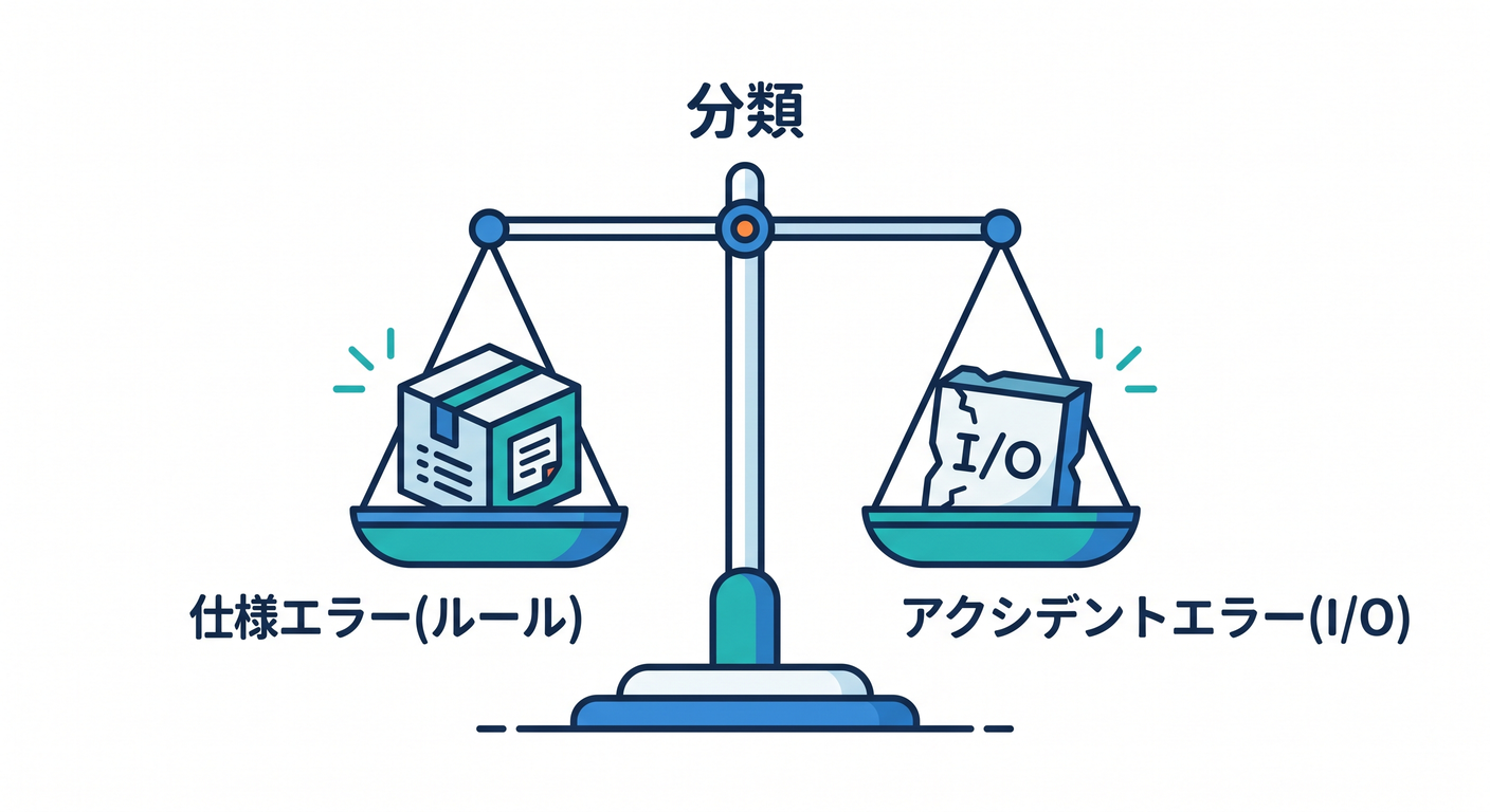 hex_ts_study_033[(./picture/hex_ts_study_033_handling_domain_errors.png)
この章はね、めちゃ大事なことをやります✨ **「エラーも仕様の一部」として、ヘキサゴナルの中心(domain/app)に“きれいに置く”**練習だよ〜😊🔌🧩
1) 今日のゴール🎯✨
できるようになること👇
- 「仕様として起きるエラー」と「事故(I/O失敗)」を分けて説明できる🧠✨
- 中心のエラーを 型(判別可能ユニオン)で表現できる🔖
- ユースケースが 例外を投げ散らかさず、
Resultで返せる🧯✨ - Adapter側で「中心エラー→表示/HTTPレスポンス」に変換できるイメージが持てる🌈
判別可能ユニオン(タグ付きユニオン)で安全に分岐できるのがTSの強みだよ〜🔀✨ (TypeScript公式でも “Discriminating Unions” は定番テクとして紹介されてるよ) (typescriptlang.org)
2) まず分けよう!エラーは2種類だけでOK😊✌️
![Two Error Types