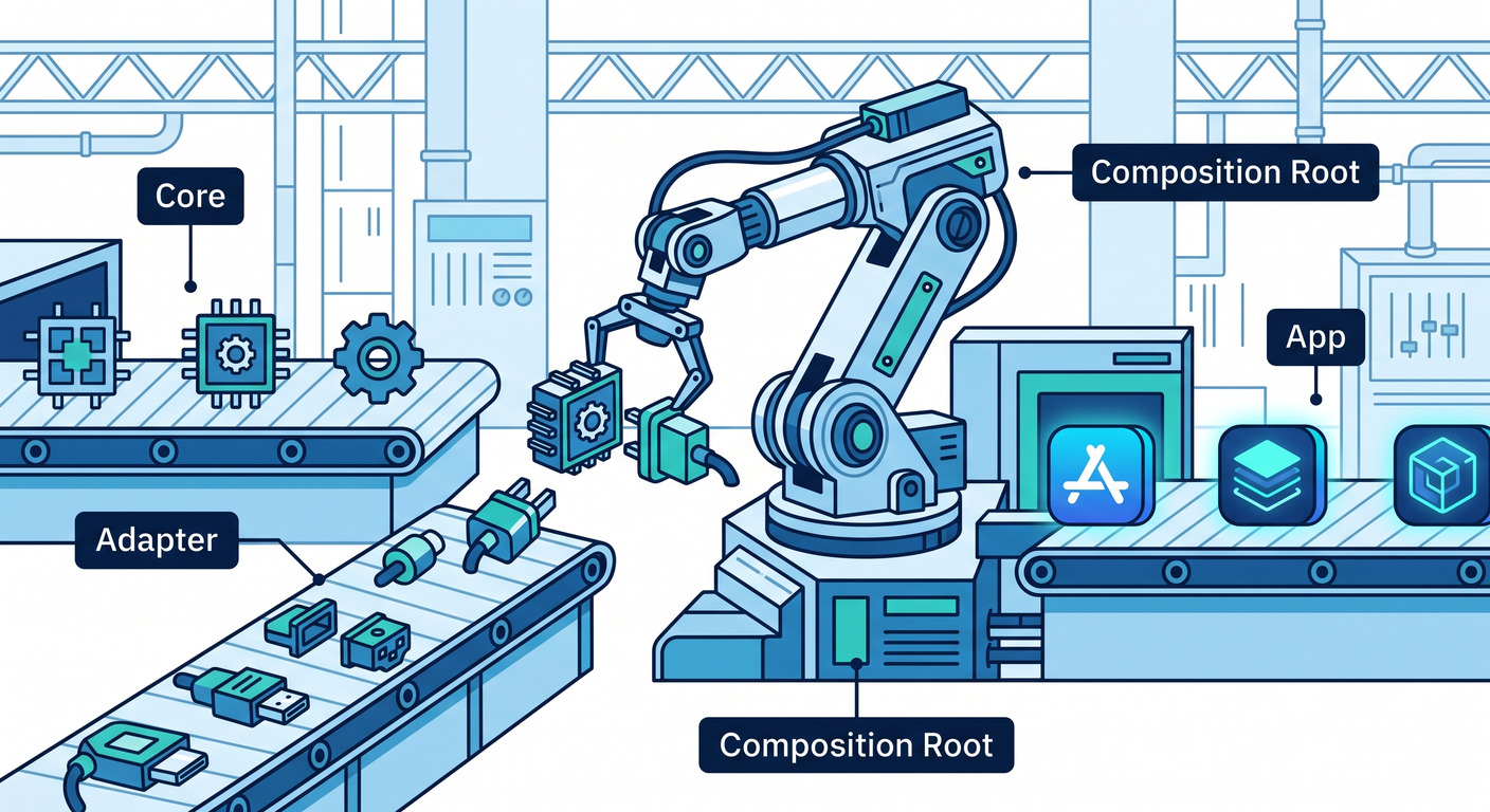 hex_ts_study_035[(./picture/hex_ts_study_035_composition_root.png)
第35章:Composition Root(依存の組み立て=合体場所)🧩🏗️✨
この章はひとことで言うと 「new(生成)を1か所に集めて、差し替え自由にする回」 だよ〜!🎉 ヘキサゴナルで作った「中心(ドメイン&ユースケース)」を、外側(CLI/HTTP/ファイル保存など)と 安全に合体 させる場所が Composition Root 💡
1) この章のゴール 🎯✨
できるようになること👇
- 「Composition Rootって何?」を自分の言葉で説明できる 🗣️
- 依存の組み立て を
1ファイルに集約できる 🧩 - 本番は FileRepo / テストは InMemoryRepo みたいな切替ができる 🔁✨
- 「中心を汚さない」まま入口(CLI/HTTP)を増やせる 🌐⌨️
2) Composition Rootってなに?🧩
![hex_ts_study_035_concept_diagram.png