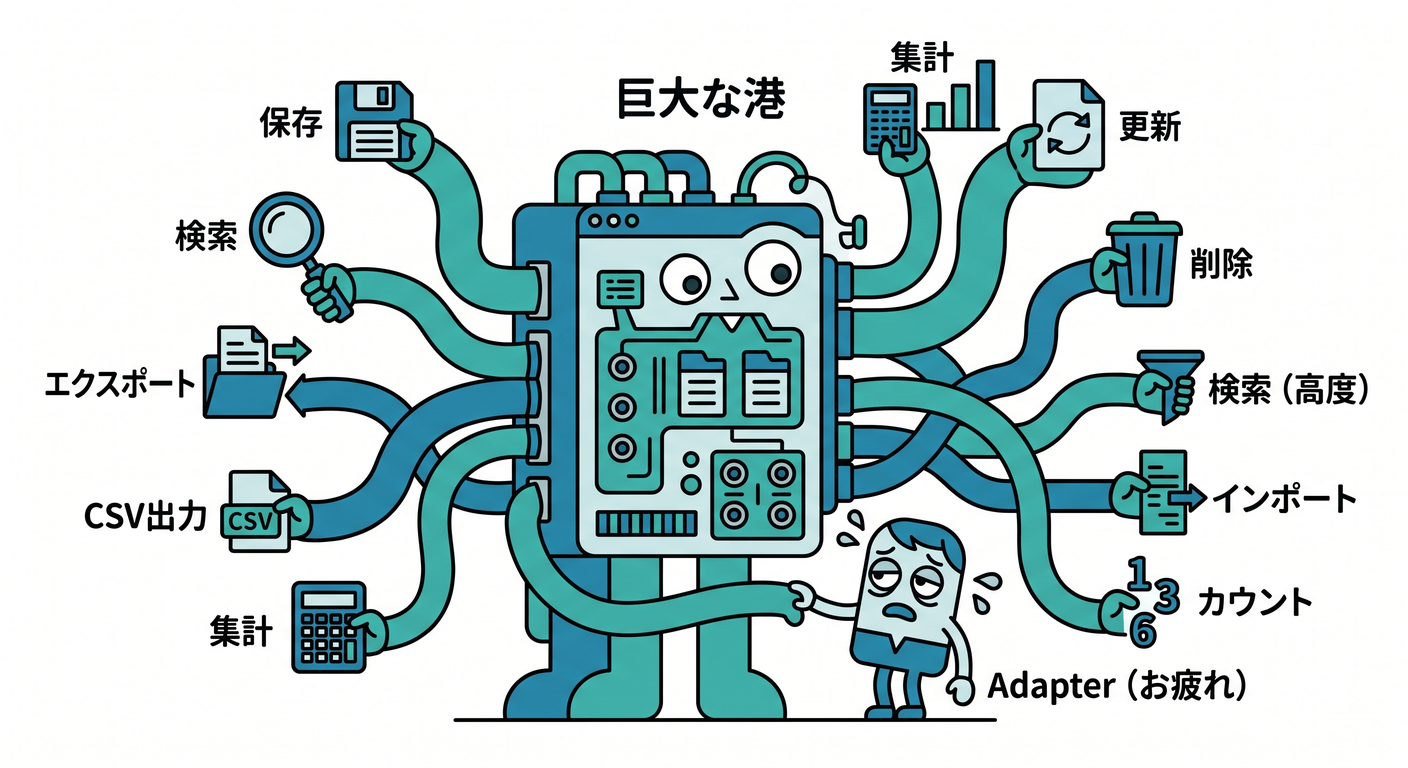 hex_ts_study_040[(./picture/hex_ts_study_040_anti_pattern_huge_port_fat_ada.png)
第40章:アンチパターン②「巨大Port/太いAdapter」🐘🍔🔌🧩
この章は 「ヘキサゴナルにしたのに、全然ラクにならない…😭」 って時の原因TOPクラス、 巨大Port と 太いAdapter をスパッと直せるようになる回だよ〜!✂️✨
1) まず結論:何がダメで、どう直すの?😵💫➡️😊
✅ ダメな状態(ありがち)
- Port(interface)が なんでも詰め合わせ になってる🐘💦
- Adapterが 変換係のくせに判断もルールもやってる 🍔💦
✅ 正しい状態(気持ちいい)
-
Portは 「ユースケースが本当に必要な最小の約束」だけ 🔌✨
-
Adapterは 「変換して呼ぶ」「I/O失敗を包む」だけ 🧩✨
- つまり 薄い=正義 🥗✨
2) 巨大Portってなに?(症状でわかる)🐘🔌
![hex_ts_study_040_huge_port_monster.png