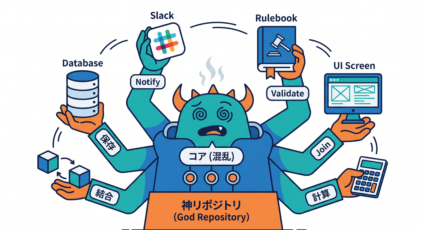 hex_ts_study_041[(./picture/hex_ts_study_041_anti_pattern_god_repository.png)
(Past chat)(Past chat)(Past chat)(Past chat)(Past chat)
第41章:アンチパターン③「Repositoryが何でも屋になる」🧹😵💫💥
1) この章のゴール 🎯✨
この章が終わったら、こんなことができるようになるよ〜!😊🌸
- 「あ、これ 何でも屋Repository だ…!」って気づける👀⚡
- Repository(=Outbound Port🔌)を ちょうど良いサイズ に保てる✂️✨
- 肥大化したRepositoryを 手順どおりに分解 して直せる🔧🧩
- 結果として、中心(UseCase/Domain)が守られてテストも楽になる🧪💕
※いまのTypeScriptは npm の “latest” が 5.9.3 になってるよ(2026-01時点の表示)。(NPM) Node.js は v24(LTS: Krypton) がActive LTSで、2026-01にも更新が出てる感じ。(Node.js)
2) 何でも屋Repositoryって、どんな状態? 🐘🍔💦
![hex_ts_study_041_god_repo_monster.png