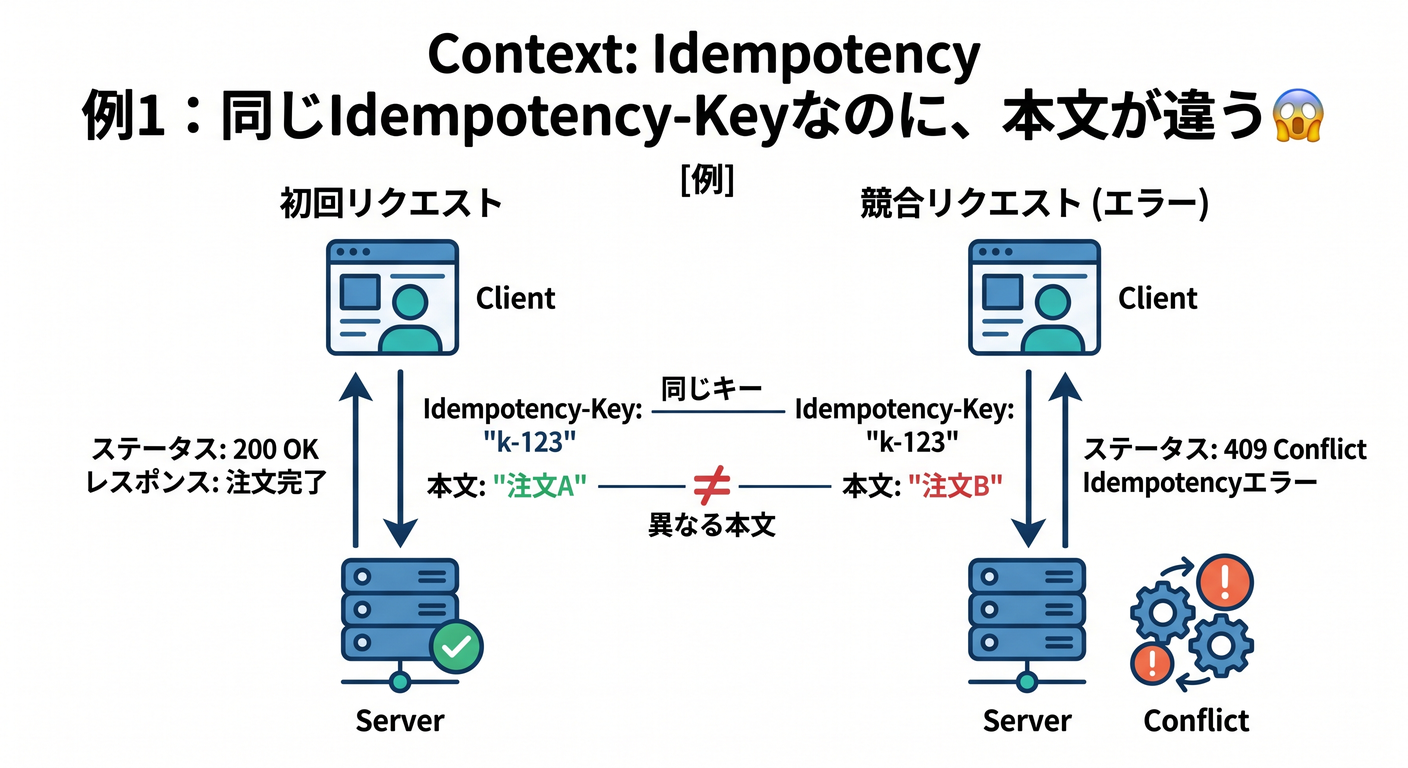 例1同じidempotencykeyなのに本文が違う