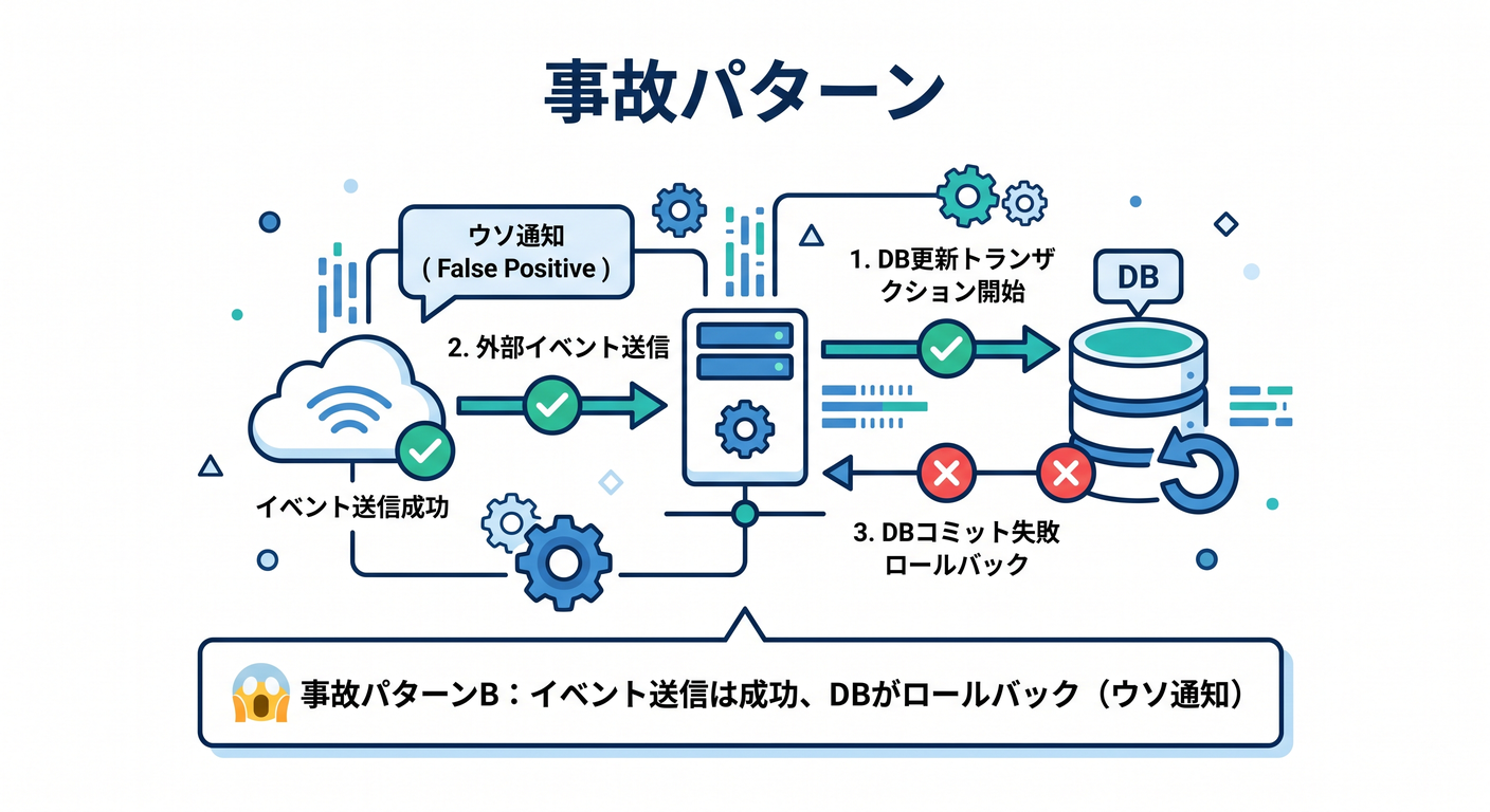 事故パターンbイベント送信は成功dbがロールバックウソ通知