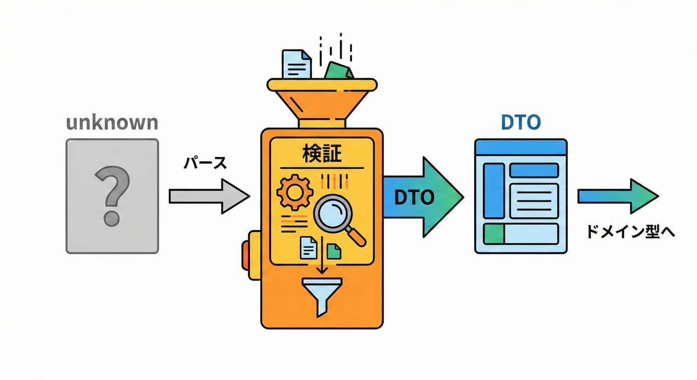 3) 境界の鉄板パターン：unknown → 検証 → DTO 🚪🔄📦