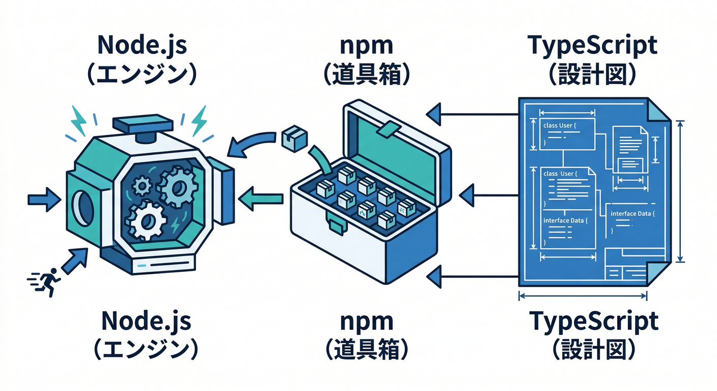 Node.js, npm, TypeScript Relationship