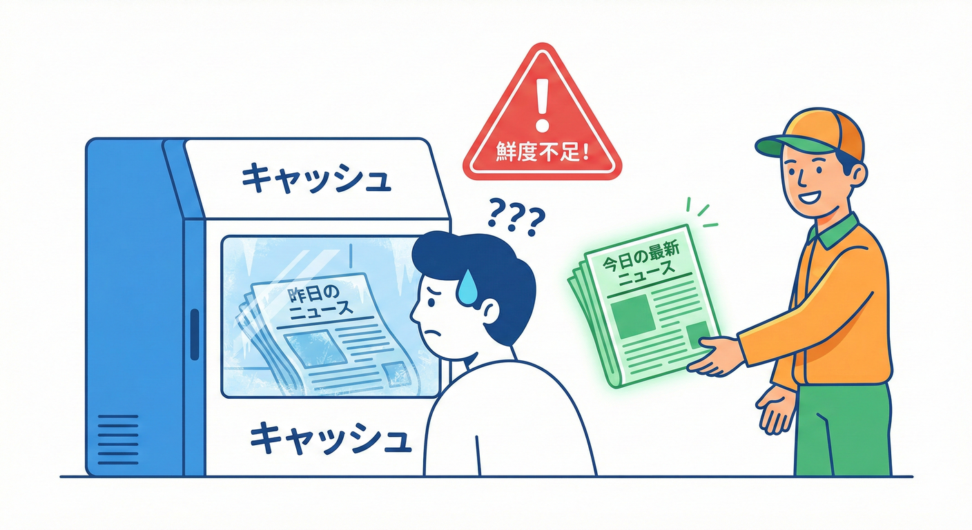 キャッシュの鮮度（古い新聞）