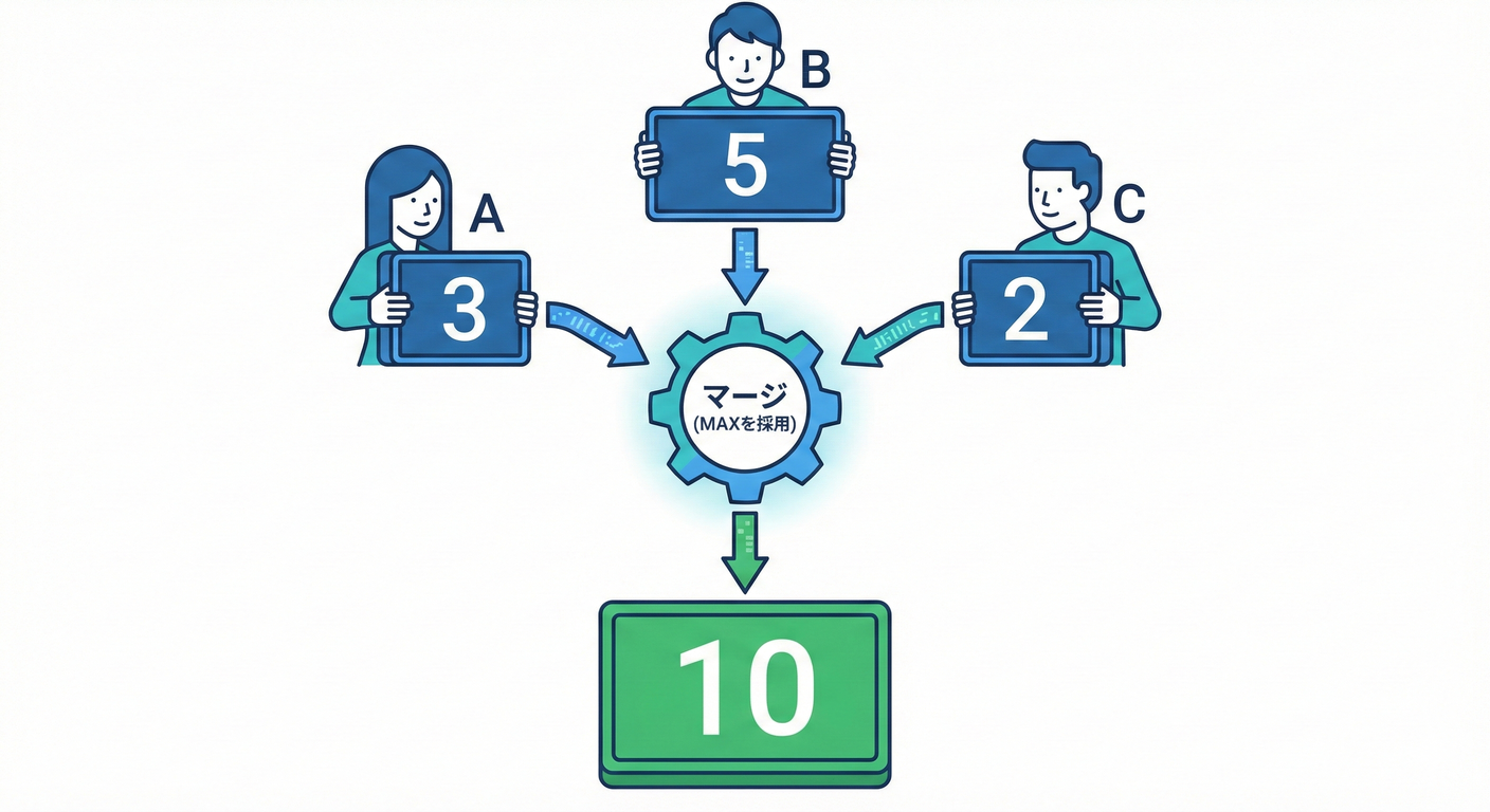 G-Counterの仕組み（各ノードのMAXを取る）