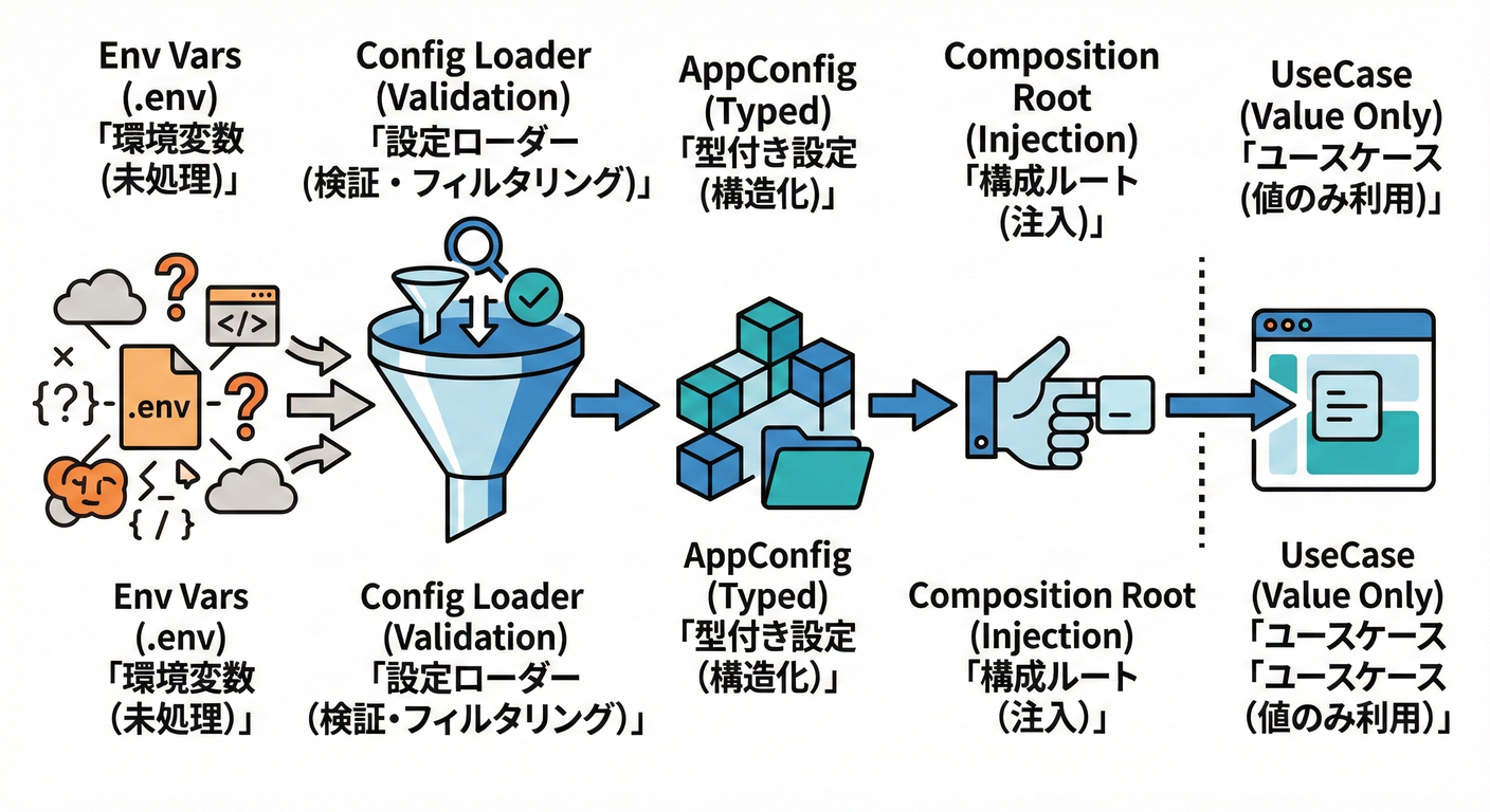 Config flow (Env -> Config -> Injection -> UseCase)