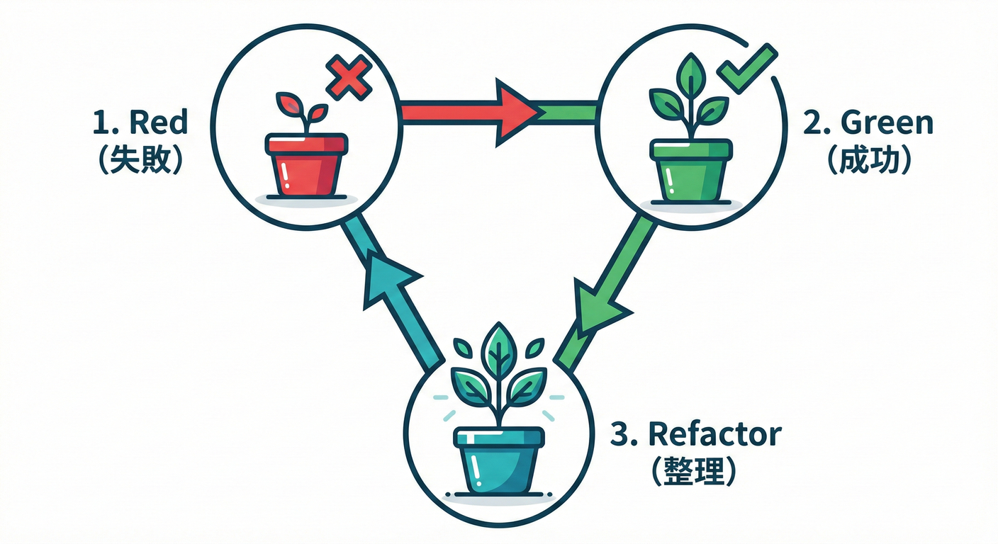 TDD のサイクル：まず失敗させ、最小の実装でパスさせ、整える