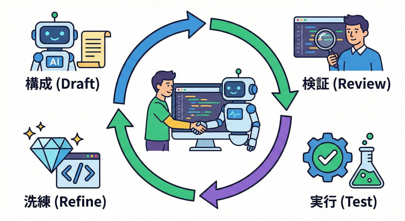 AIとの協業フロー:Draft -> Review -> Test -> Refine