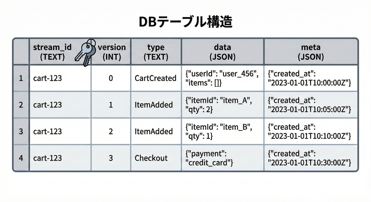 EventStoreの内部テーブル構造:stream_id, version, type, data, meta