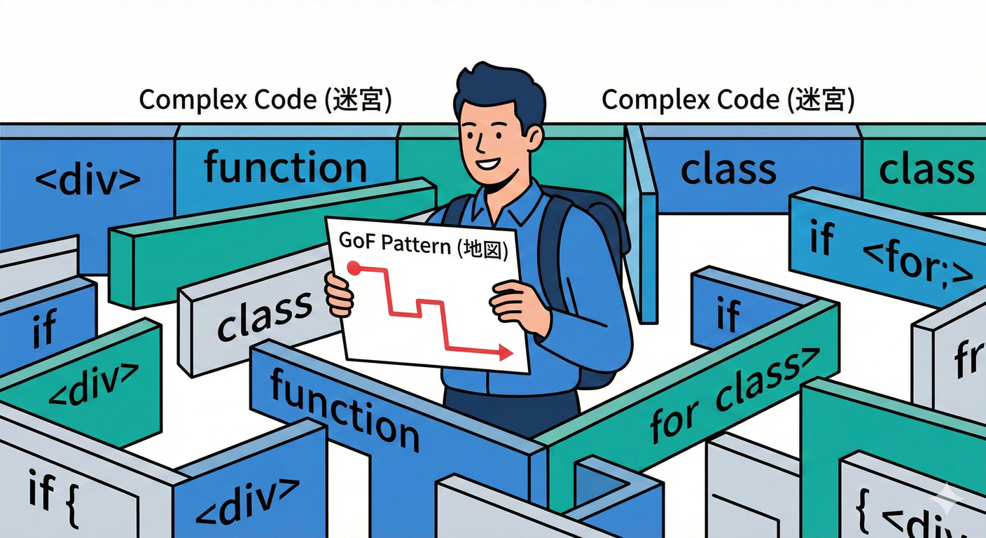 迷路のようなコードの中で地図(GoF)を持つ様子。