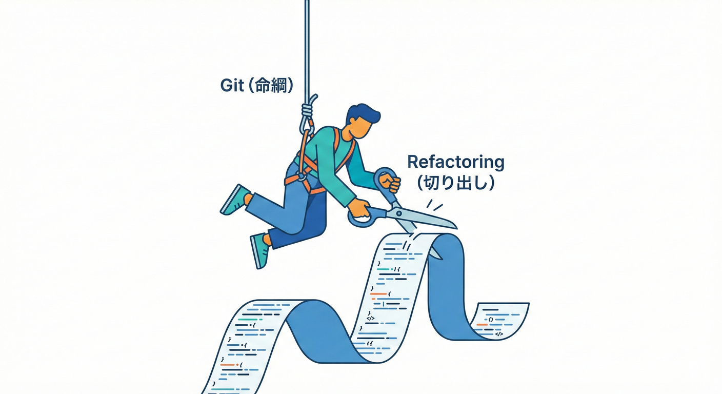 ハサミでコードを切り出す様子と、命綱（Git）。