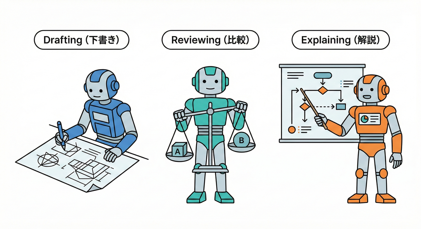 AIの3つの役割(下書き・比較・説明)。
