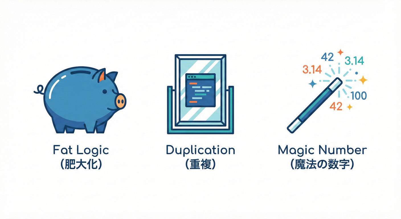 コードの「匂い」のメタファー（豚、鏡、魔法の杖）。