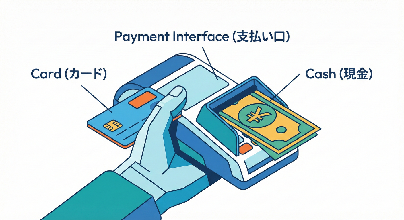 interfaceによる実装の差し替え(カード決済と現金決済)。