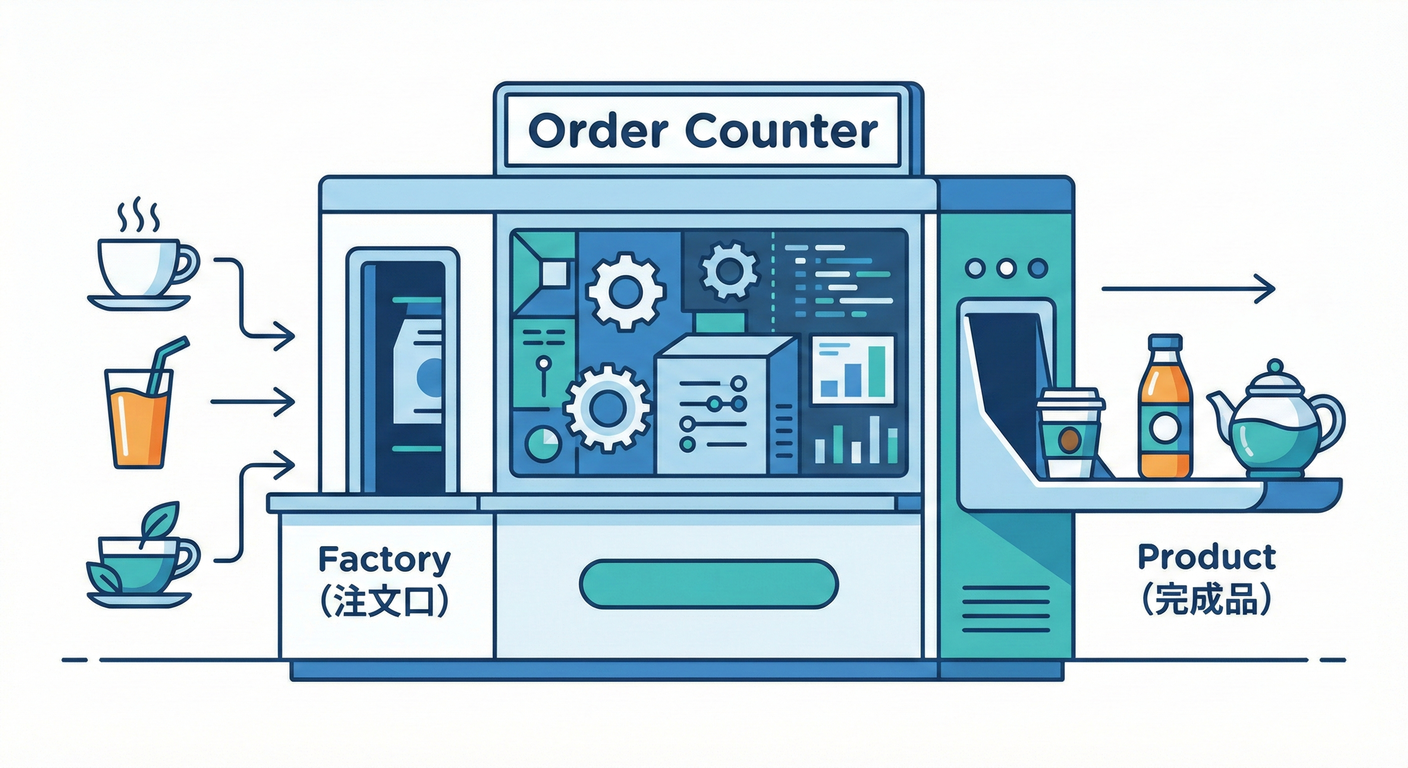 Factory Method（注文受付係）が注文をさばく様子。