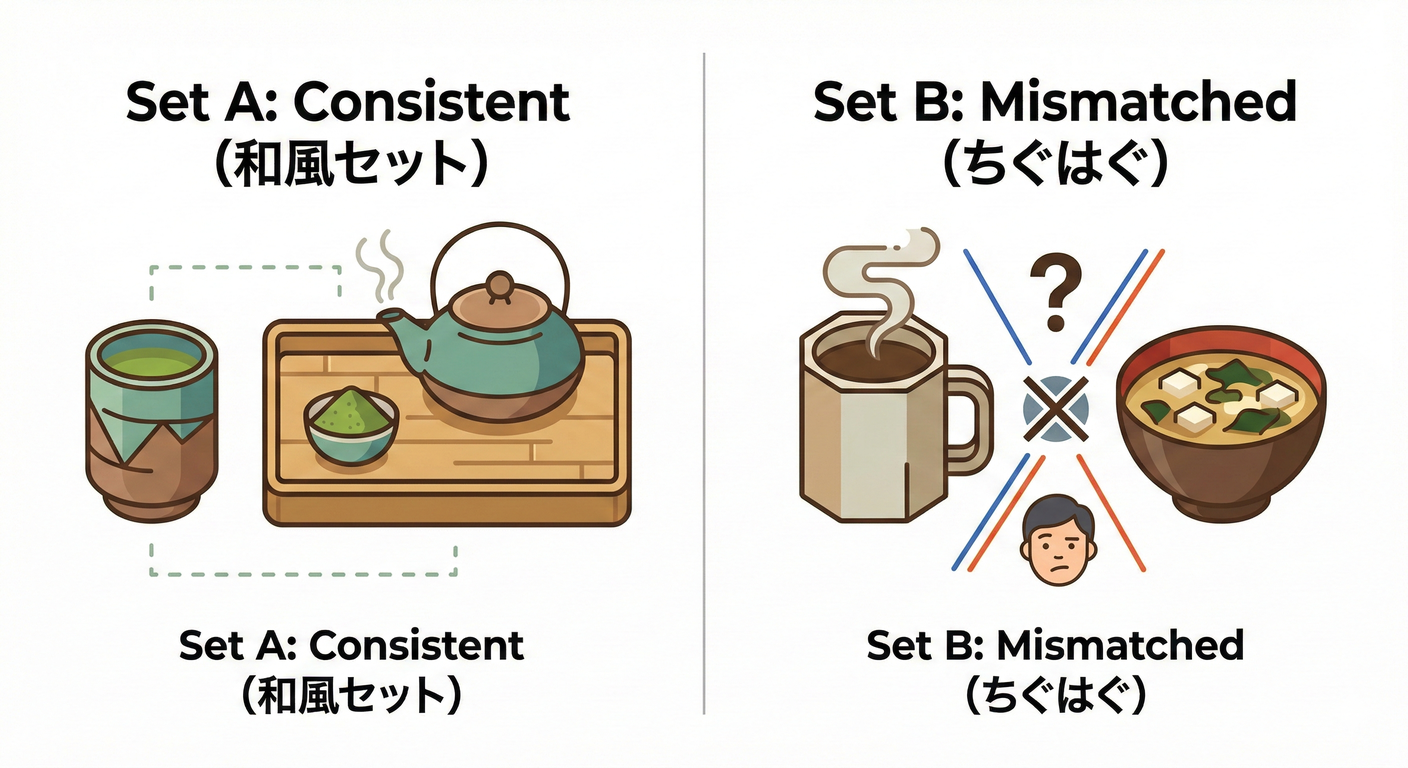 統一感のない組み合わせ（例：和風の器にコーヒー）。