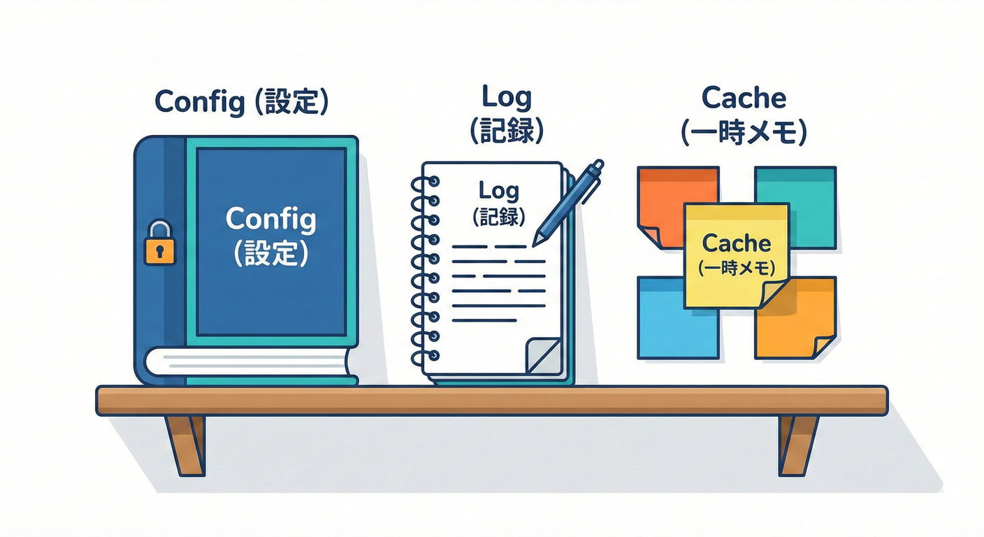 共有リソースの整理（Config, Log, Cache）。