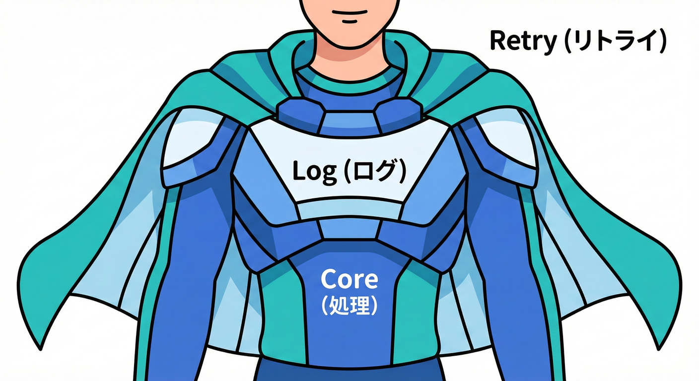 機能のレイヤー重ね（ログ、計測、リトライ）。