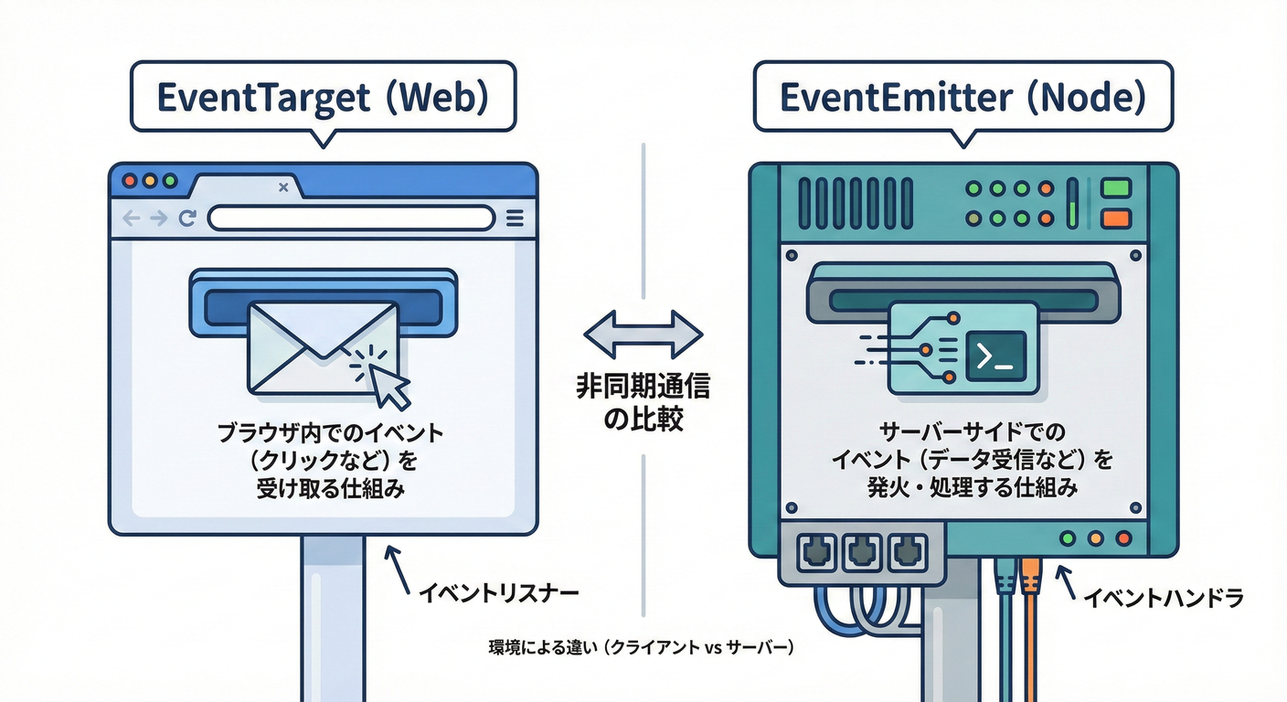 EventTarget vs EventEmitter。